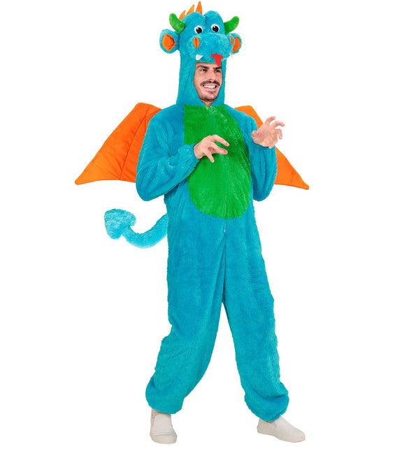 Blauw drakenkostuum Drake met capuchon in drakenkop, rode tong en pluche staart voor heren