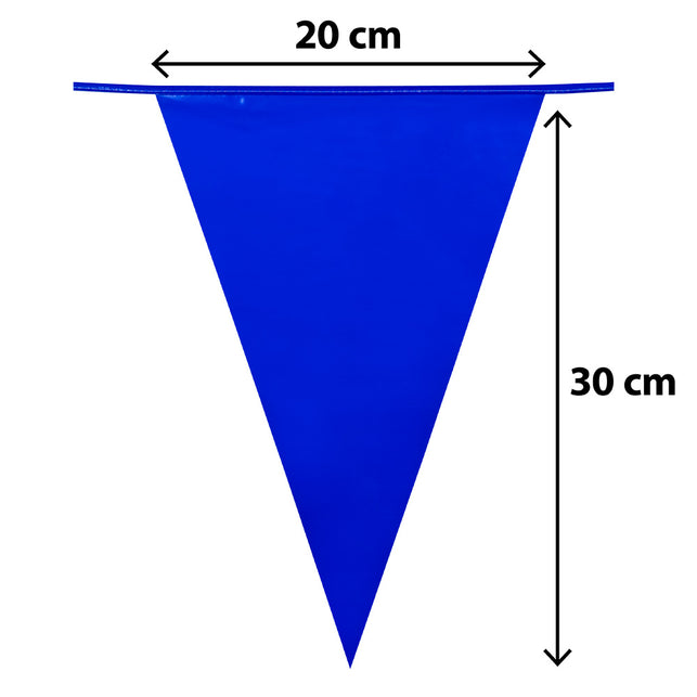 Blauw puntvlaggetje met maataanduiding 20 cm breed en 30 cm hoog