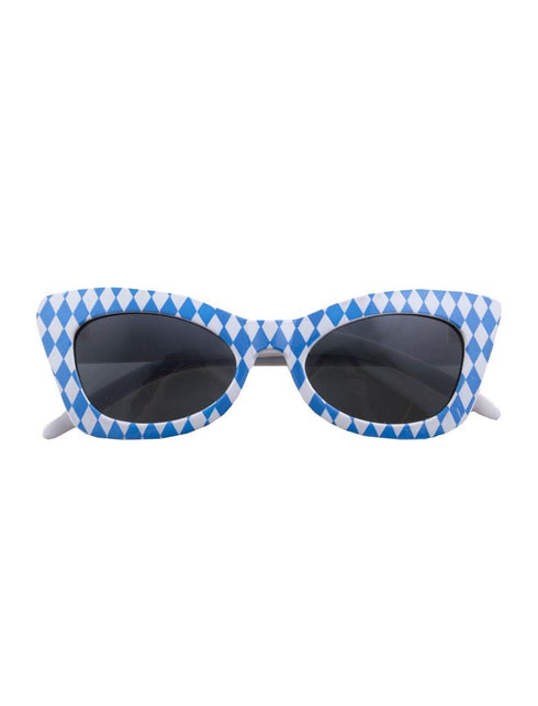 Blauw-witte oktoberfestbril van voren met spitse cat-eyevorm en donkere glazen voor bierfeesten