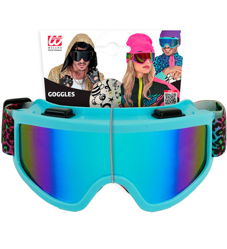 Blauwe skibril met regenbooglens in verpakking van Widmann, feestbril voor 80's-feest