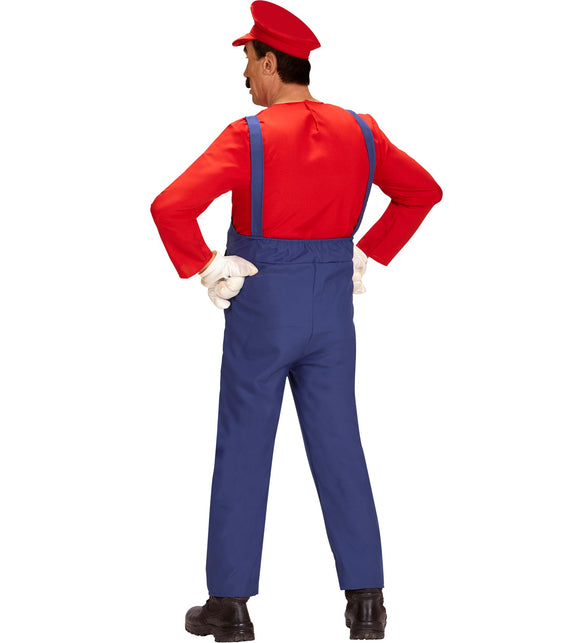 Blauwe tuinbroek van de loodgieter Mario outfit op de rug gezien, met bretels en elastiek in de tailleband