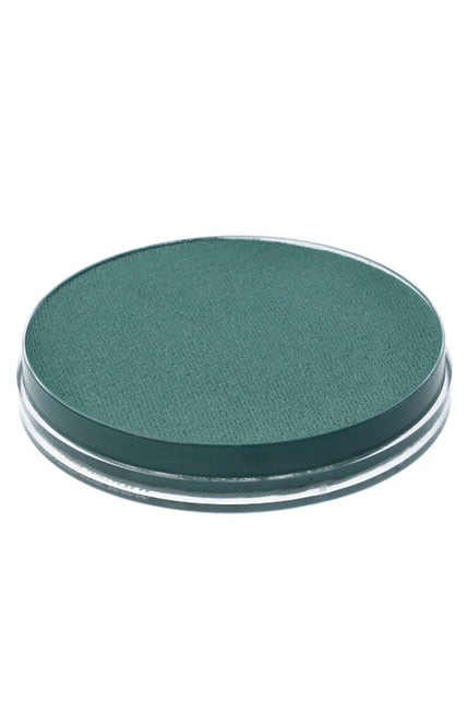 Blauwgroene aquaschmink in doorzichtig rond potje, zijaanzicht van de vlakke schminkcake