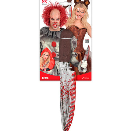 Bloederig nepmes in verpakking met maataanduiding 30 cm, horroraccessoire voor Halloween