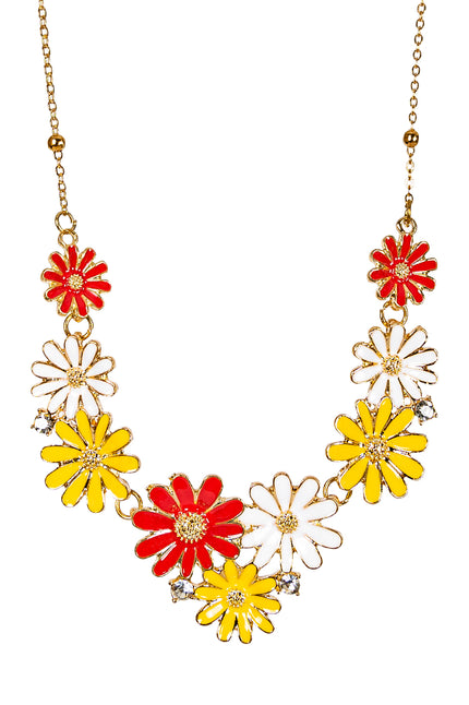 Bloemenketting rood-wit-geel met emaille bloemen en goudkleurige schakelketting voor dames