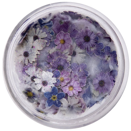 Bloemetjes in wax paars in doorzichtig potje met witte wasbasis en gele bloemhartjes