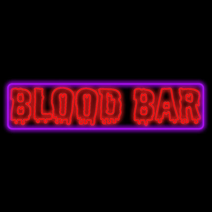 Blood Bar neonbord met rode druipletters in een paars oplichtend kader voor Halloween