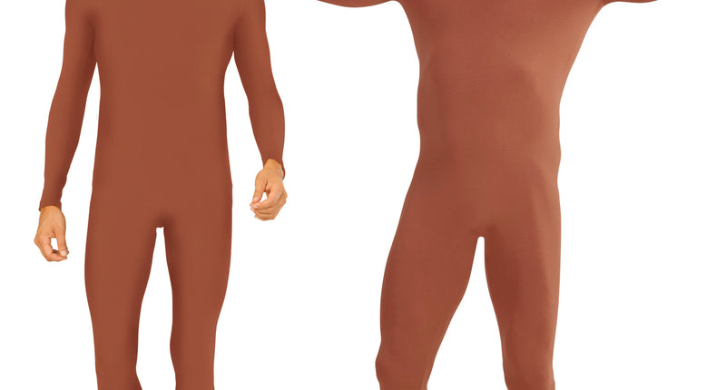 Bodysuit lichaamskleur voor heren in bruine huidtint, gedragen door twee mannen van voren
