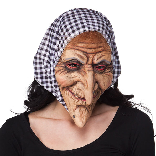 Heksenmasker latex met hoofddoek, gerimpeld gezicht met lange kromme neus en zwart-wit geblokte doek, voor Halloween