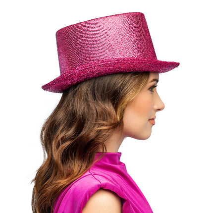 Boland Hoed Showtime roze (glitter hoge hoed)