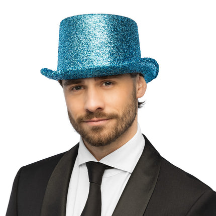 Boland Hoed Showtime turquoise (glitter hoge hoed)