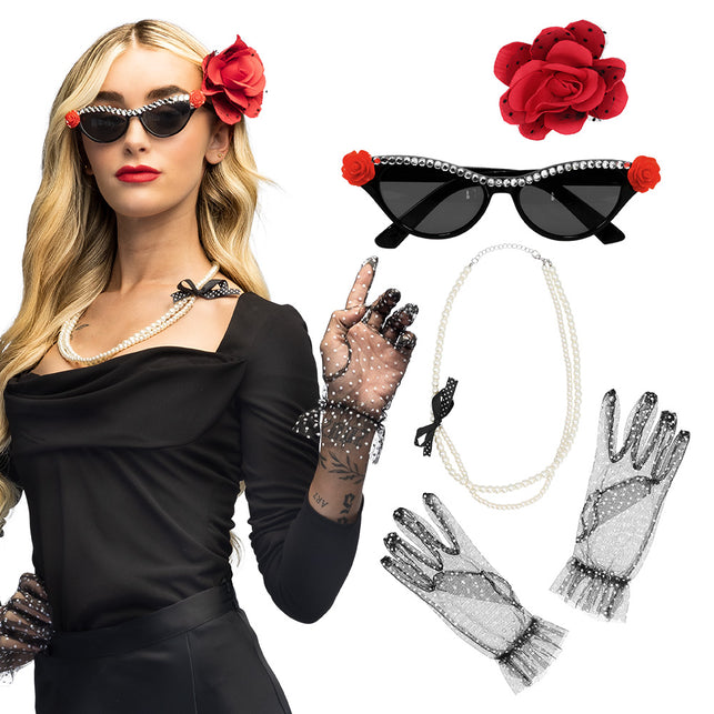 Jaren 50 accessoireset dames met zwarte cat-eye bril, parelketting, roosjesbroche en tule handschoenen