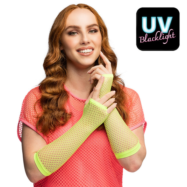 Boland Lange neongroene mesh handschoenen dames (elleboog)