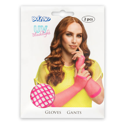 Boland Lange neonroze mesh handschoenen dames (elleboog)