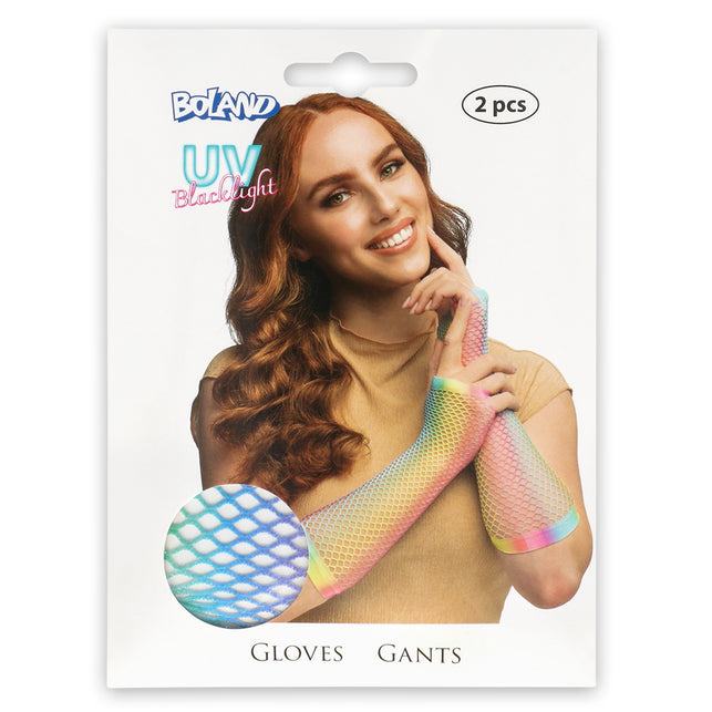 Boland Lange regenboog mesh handschoenen dames (elleboog)