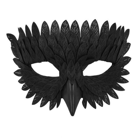 Masker Raaf kraai in zwart met gelaagde puntige vormen en een spitse snavel, vooraanzicht