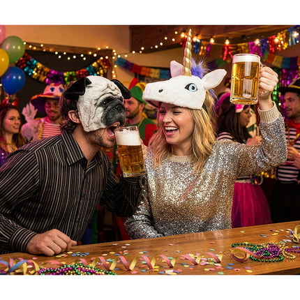 Pug halfmasker op een themafeest, mond blijft vrij om te drinken en te praten