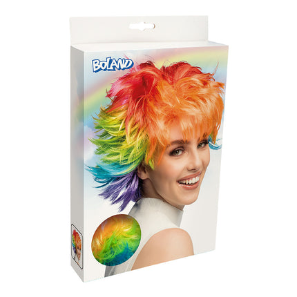 Korte regenboogpruik in fel gekleurd haar