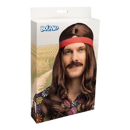 Hippie pruik met snor voor heren
