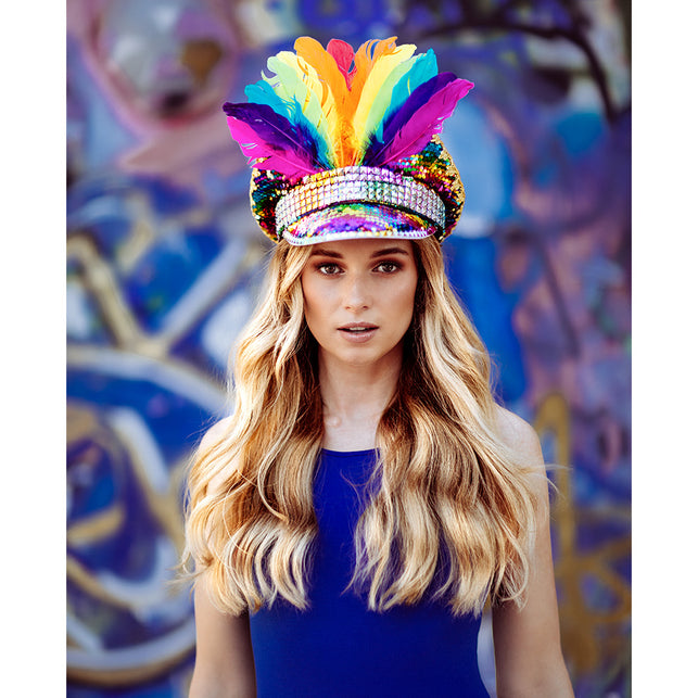 Boland Regenboog glitter pet met veren