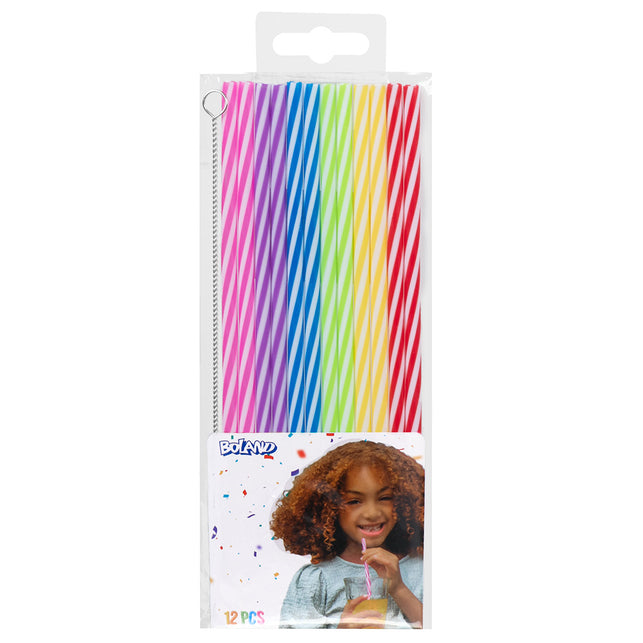 Boland Set 12 herbruikbare plastic rietjes met ragertje