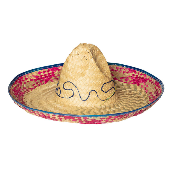 Sombrero Salvatore van stro met roze vlechtrand, blauwe bies en golvend blauw koord om de spitse bol