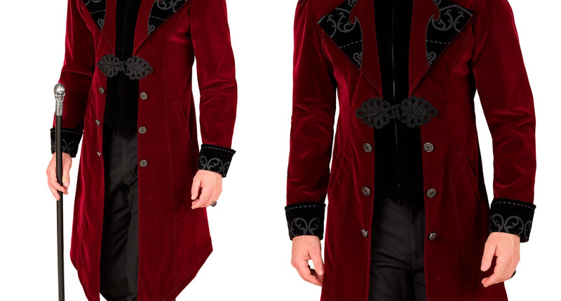 Bordeaux gothic jas heren met zwarte kraag en siergesp, gedragen met hoge hoed voor Halloween