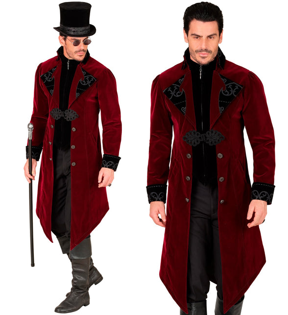 Bordeaux gothic jas heren met zwarte kraag en siergesp, gedragen met hoge hoed voor Halloween