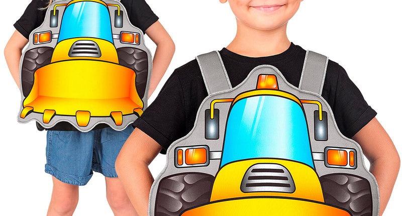 Bouwer Bob pak kind met grijze bulldozer-tabard en gele bouwhelm, gedragen door meisje en jongen