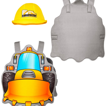 Bouwer Bob pak kind losse onderdelen: gele stoffen bouwhelm met constructor-logo en tabard