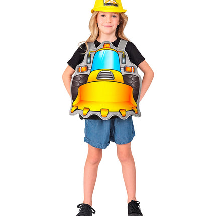 Bouwer Bob pak kind op meisje, grijze tabard met oranje schuifbak en blauwe cabineprint