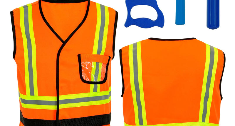 Bouwvakker kostuum kind: oranje vest met reflectiestrepen, gele helm, zaag, hamer en schroevendraaier