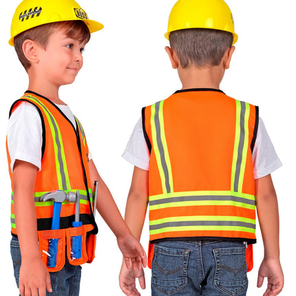 Bouwvakker vest kind van voor en achter met gele en grijze reflectiestrepen, voor een themafeest