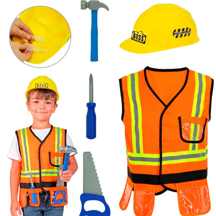 Bouwvakkersset kind met voor- en achterkant vest, gele BOSS-helm en blauw speelgoedgereedschap