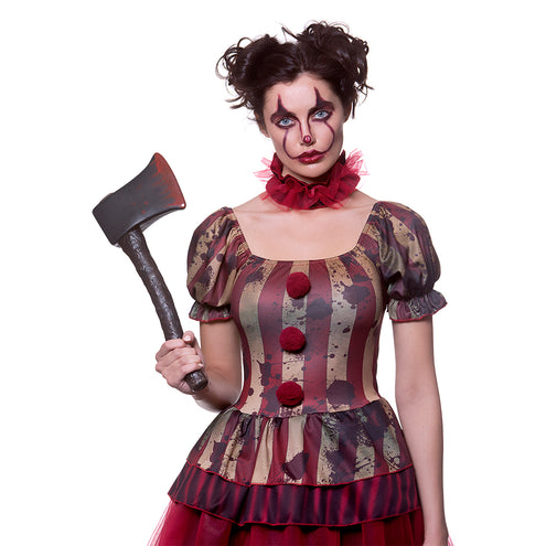 Bovenlijf zombie clown kostuum Bente met vierkante halslijn en rode ruche-halskraag