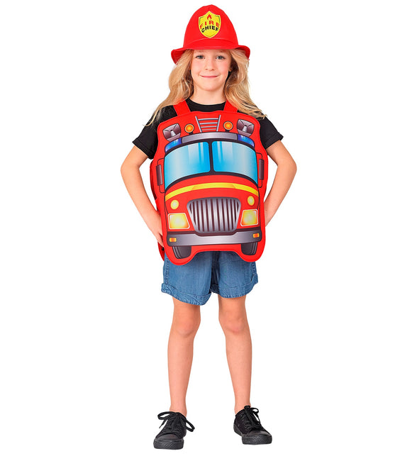 Brandweer pak kind op meisje, rode tabard over zwart shirt met rode brandweerhelm