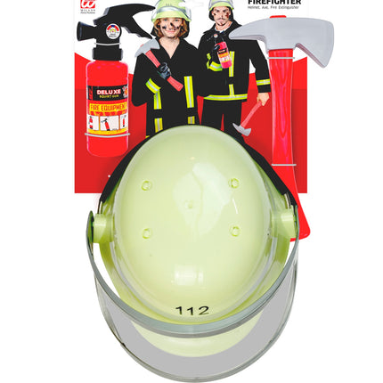 Brandweerhelm uit de brandweer set Vera in close-up met opklapbaar vizier en nekflap
