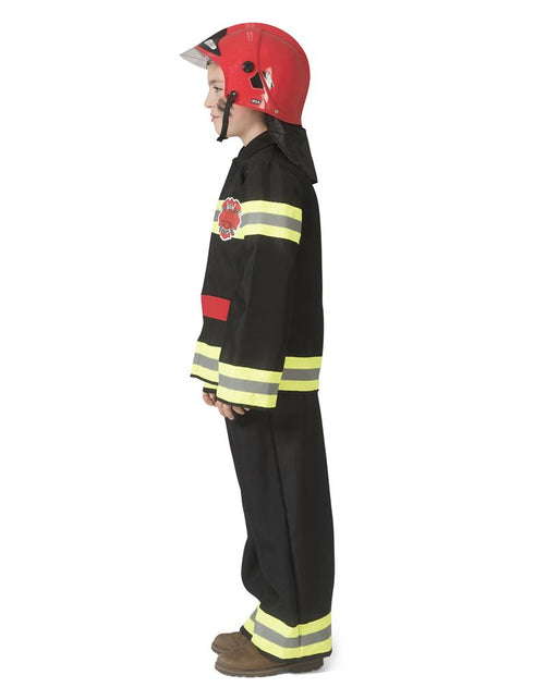 Brandweerman pak Fred kinderen van de zijkant, zwarte jas en broek met gele strepen op mouw en been