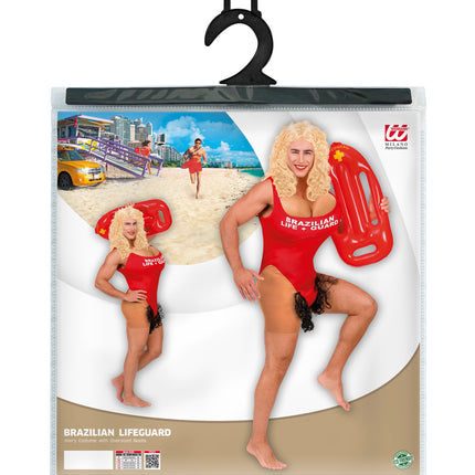 Braziliaanse lifeguard pak in verpakking met maattabel voor maat M-L en XL