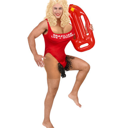 Braziliaanse lifeguard pak vooraanzicht met gevulde nepboezem en opdruk BRAZILIAN LIFE + GUARD