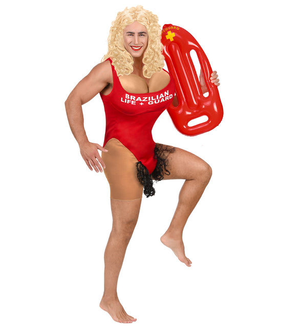 Braziliaanse lifeguard pak vooraanzicht met gevulde nepboezem en opdruk BRAZILIAN LIFE + GUARD