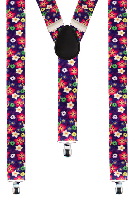 Bretels met bloemenprint, paarse banden met rode en witte bloemen, Y-rug en drie metalen clips