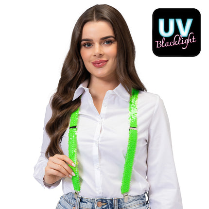 Bretels pailletten neongroen met metalen clips, gedragen over een wit overhemd voor een neon party
