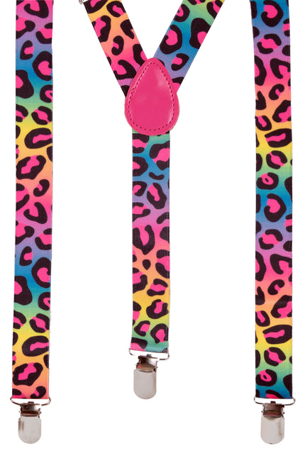Bretels panterprint multicolor met felroze vlekken, Y-model en drie zilveren clips voor een discofeest