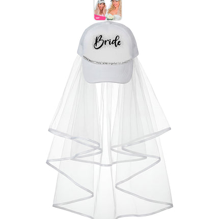 Bride pet met sluier in verpakking, witte trucker pet met zilveren strass en tweelaagse tule