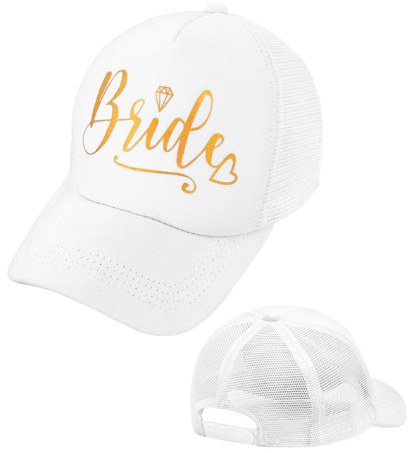 Bride pet wit met gouden opdruk, voor- en achterkant met meshpanelen en drukknoopsluiting