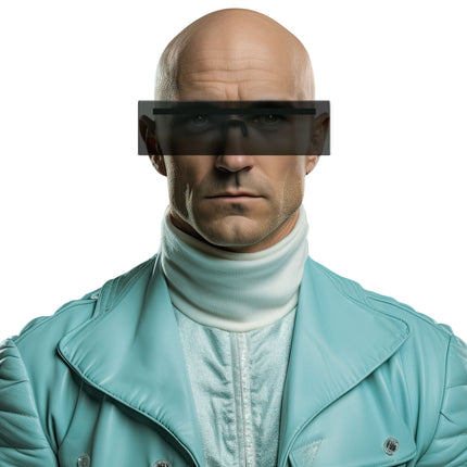 Bril futuristisch gedragen door man, zwarte visorbril met doorlopend getint glas over beide ogen