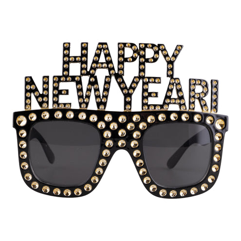 Bril happy new year zwart met gouden studs en donkere glazen, letters boven het montuur