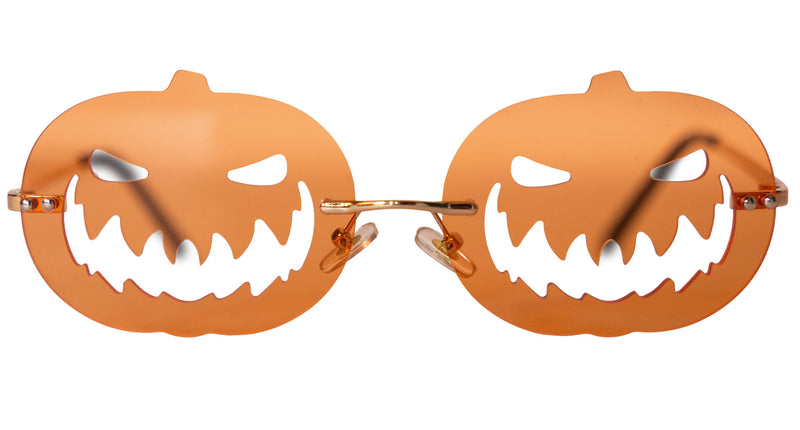 Bril pompoen met oranje glazen in pompoenvorm, uitgesneden grijns en goudkleurig montuur voor Halloween
