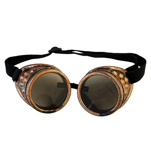 Bril steampunk met koperkleurige ronde cups, donkere glazen en zwarte hoofdband