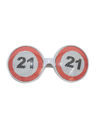 Bril traffic 21 jaar met ronde verkeersbordglazen in rood wit en zwarte 21, voor een verjaardagsfeest